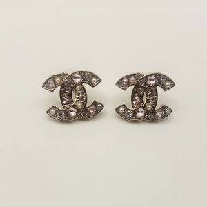 Chanel Crystal CC Logo Stud Earrings in Pink and Pearl